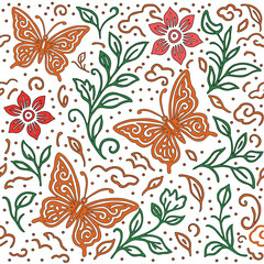 Batik Butterfly Seamless Pattern. Traditional Butterfly Vector Background. Seamless Batik Butterfly Design. Ethnic Butterfly Pattern Vector. Decorative Batik Butterfly Motif. Seamless Batik Butterfly