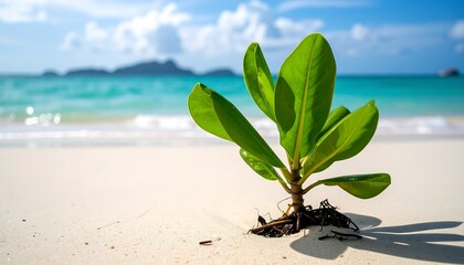 A small green plant on a pristine white beach