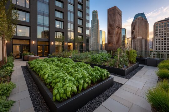 Rooftop urban garden showcasing lush basil plants against a backdrop of modern skyscrapers reflecting evening light highlighting sustainable living and eco-friendly urban spaces - Powered by Adobe