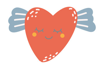 Heart with wings, isolated design element on white background. Doodle-style heart with face, hand drawing. Love symbol, perfect for Valentine’s Day, children’s projects, greeting cards, invitations