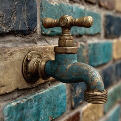 Rusted brass water faucet on a multicolored brick wall