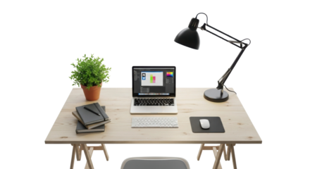 Office desk setup with laptop, plant and desk lamp isolated PNG with Transparent Background