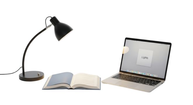 Laptop displaying "Lights" text with a desk lamp and book isolated PNG with Transparent Background