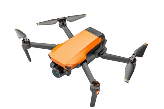 Orange drone photography aerial videography uav quadcopter remote control flying machine stock image isolated on transparent background