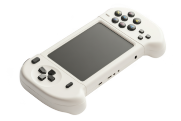 Handheld gaming console, portable game system, retro game player, white color, buttons, screen, electronic device, isolated on transparent background