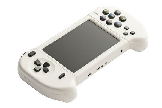 Handheld gaming console, portable game system, retro game player, white color, buttons, screen, electronic device, isolated on transparent background
