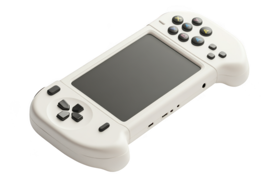 Handheld gaming console, portable game system, retro game player, white color, buttons, screen, electronic device, isolated on transparent background