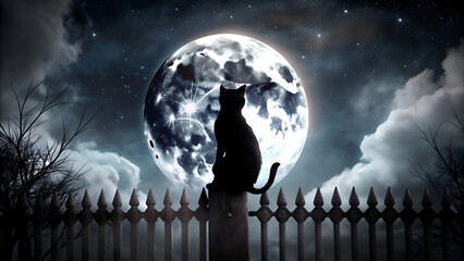 Black cat silhouette gazing at the moonlit night sky with spooky Victorian fence. Silhouette of a cat sitting atop a fence post. a large full moon. and a star studded night sky.
