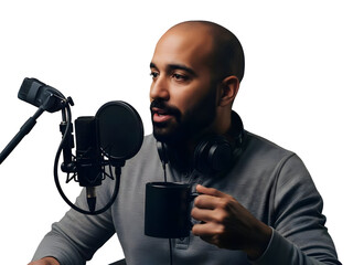 Podcast Recording Studio with Man Speaking Into Microphone for Audio Content Creation Interview Broadcast Interview Radio Host Blogger Vlogger Streaming