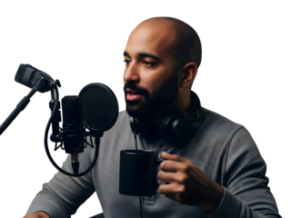 Podcast Recording Studio with Man Speaking Into Microphone for Audio Content Creation Interview Broadcast Interview Radio Host Blogger Vlogger Streaming