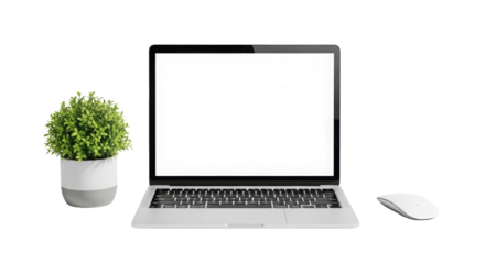 Laptop computer with blank screen next to potted plant and mouse isolated PNG with Transparent Background