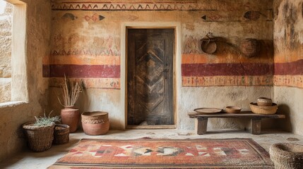 Recreation of an ancient Hebrew house in Egypt, with a depiction of the Passover mark on the doorframe, reflecting cultural and religious traditions, Generative AI