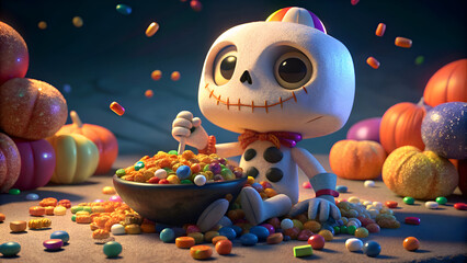 Cartoon skeleton enjoying a bowl of Halloween treats surrounded by pumpkins and candy. Animated character in a festive Halloween setting with a pile of sweets.