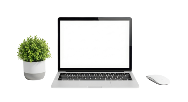 Laptop computer with blank screen next to potted plant and mouse isolated PNG with Transparent Background