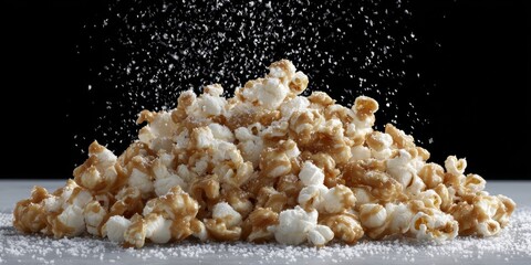 Popcorn and caramel freeze in mid-air with salt falling, creating a delicious contrast of flavors