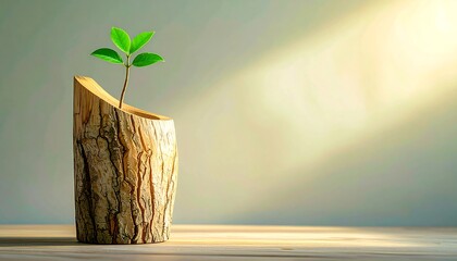 A small green sprout in a wooden planter, bathed in sunlight