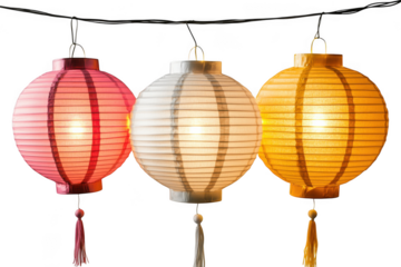 Colorful paper lanterns pink white yellow hanging decorations asian festival lights celebration isolated on transparent background