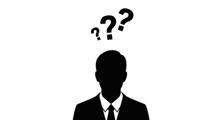 Obraz premium Silhouette of a man in suit with question marks, representing uncertainty and doubt in business