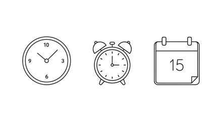 Time Management and Scheduling: Clock, Alarm Clock, and Calendar Icons for Planning and Deadlines