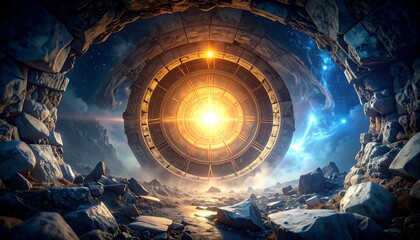 Glowing Portal in a Rocky Landscape with Cosmic Sky