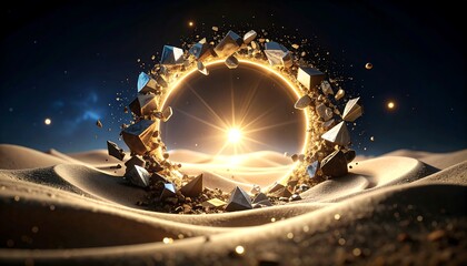 Glowing Portal in Desert with Metallic Shards and Bright Light