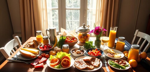 Sunlight streams onto a table laden with a vibrant, healthy breakfast spread,   bowl,   natural