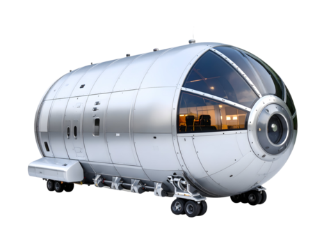 Futuristic metallic capsule with transparent background