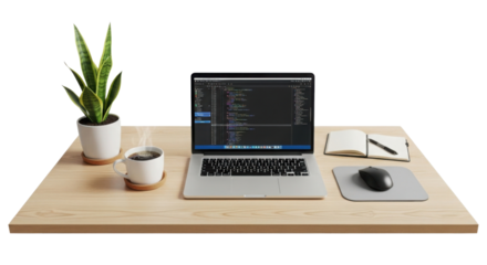 Coding on a laptop on a light wood desk with coffee and a snake plant isolated PNG with Transparent Background