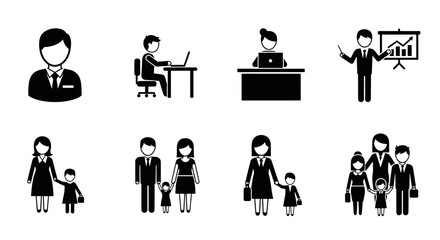 Diverse family and career icons showcase modern work life balance depictions illustration