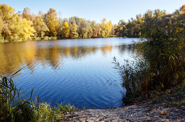 Beautiful river landscape at Autumn. The surface of the water against the background of trees and a blue sky on a sunny perfect day. The bright colors of fall