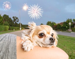 A small, light-brown dog rests on a person's shoulder, enjoying fireworks in the evening