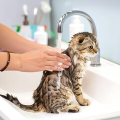 A small kitten is being bathed in a sink.  Person's hands are gently washing the animal