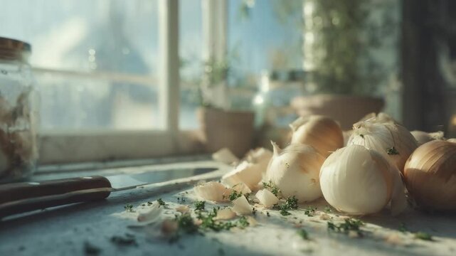 Onions and garlic on a kitchen counter with a knife, herbs, and sunlight streaming through a window.