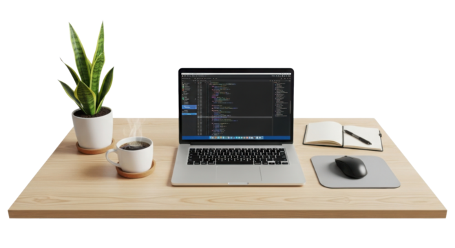 Coding on a laptop on a light wood desk with coffee and a snake plant isolated PNG with Transparent Background