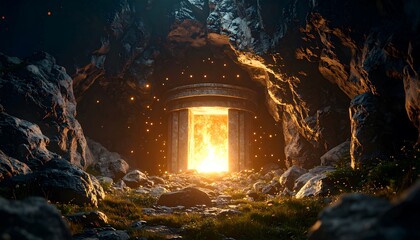 Glowing Portal Inside Cave Lit by Intense Light and Sparkling Particles