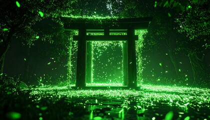 Glowing Portal in Forest at Night with Lush Green Foliage
