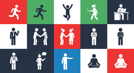 Diverse stick figure representations illustrating various actions and professions within a vibrant
