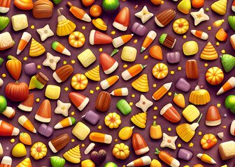 Colorful assortment of Halloween themed candies in a decorative pattern. Vibrant candies in various shapes and colors are displayed against a deep maroon background.
