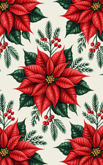 Red Poinsettia Flowers and Evergreen Branches Pattern