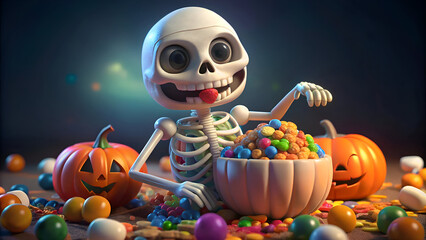 Cartoon skeleton enjoying a bowl of candy corn with Halloween pumpkins in the background. Cute. digital character reaching for colorful treats in a festive Halloween scene.
