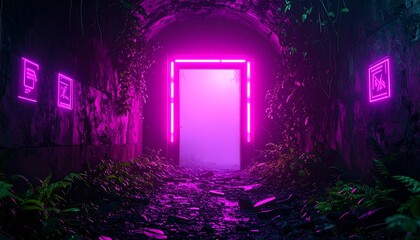 Glowing Portal Tunnel Entrance with Neon Light in Dark Setting