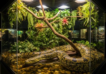 Large Anaconda Coiled in a Water and Plant-Filled Terrarium Display at a Zoo