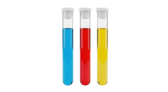 Three test tubes containing colorful liquid samples isolated PNG with Transparent Background - Powered by Adobe