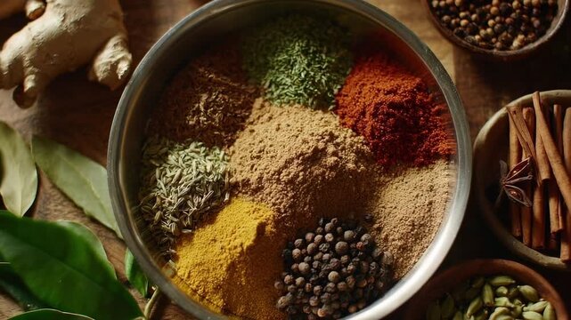 Assorted spices arranged in a metal bowl: turmeric, cumin, paprika, coriander, fennel, black pepper, chili powder, cinnamon sticks.