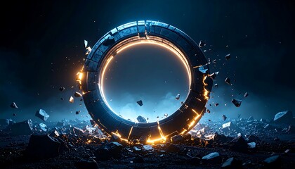 Glowing Portal with Shattered Pieces and Dramatic Lighting