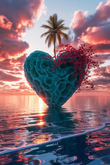 Surreal Heart Island at Sunset with Palm Tree ocean