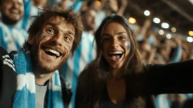 A joyful couple shows their enthusiasm by cheering together at a live soccer match. Surrounded by fans, their excitement shines as they support their team passionately in the stadium.