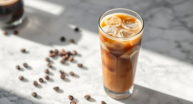 Iced coffee with milk and ice cubes in a tall glass with scattered coffee beans and natural light