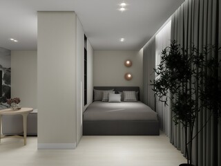 Modern minimalist bedroom with neutral tones, soft lighting, and elegant décor. A cozy bed, large curtains, and sleek furniture create a calm, stylish, and inviting space