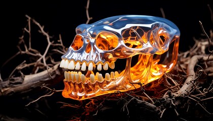Glowing Skull on Twigs with Vibrant Orange and Blue Light